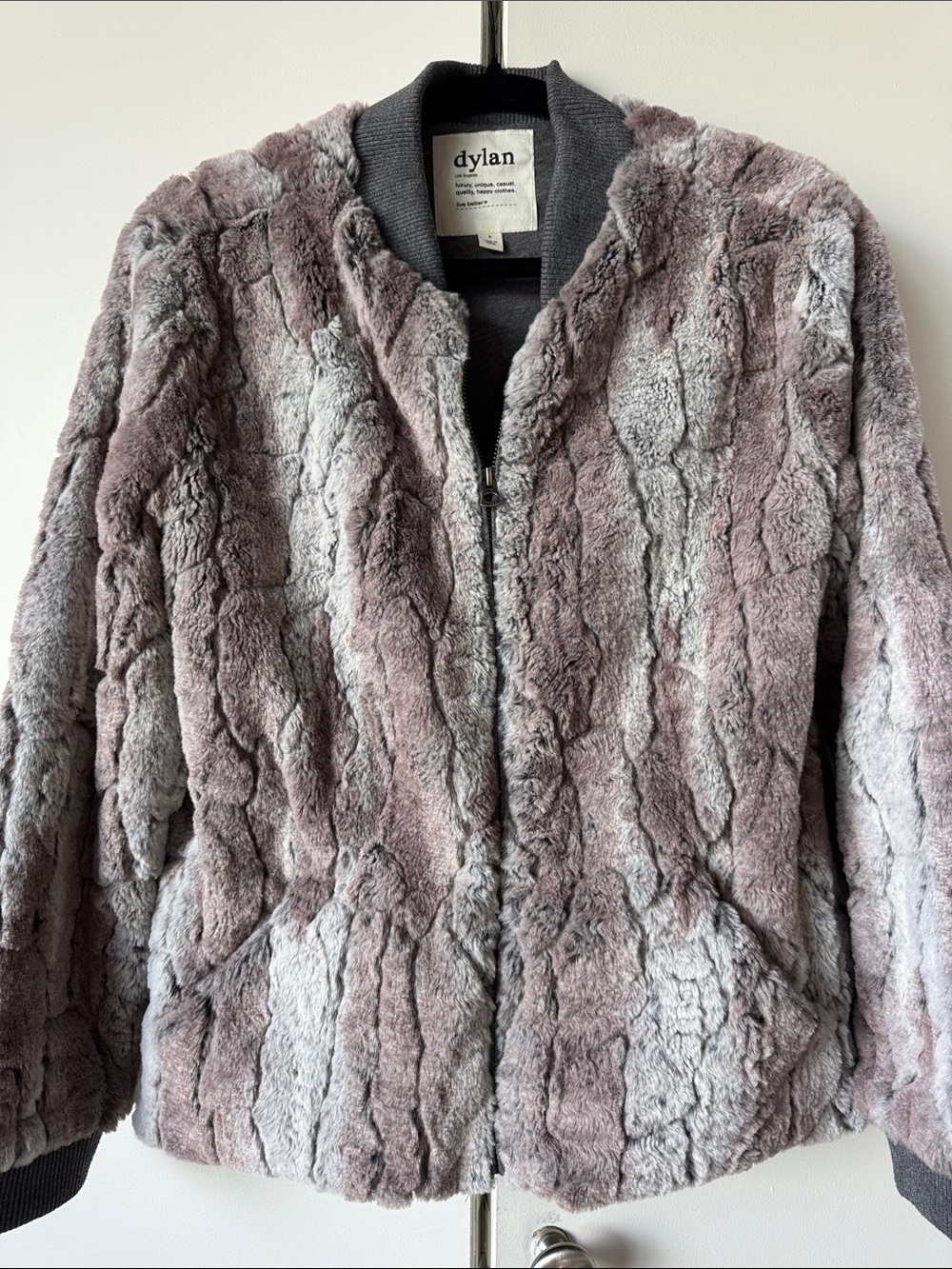 dylan Dusty Mauve & Light Gray Faux Fur Bomber Jacket